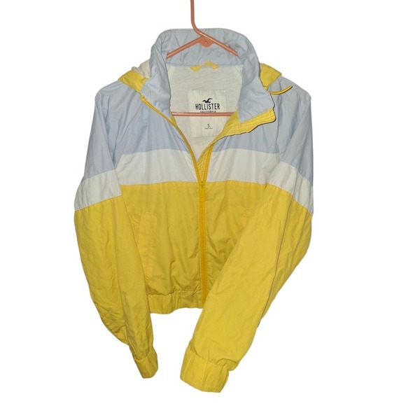 Hollister Women's Yellow White Cropped Hooded Full Zip Windbreaker Size Small - Picture 2 of 5